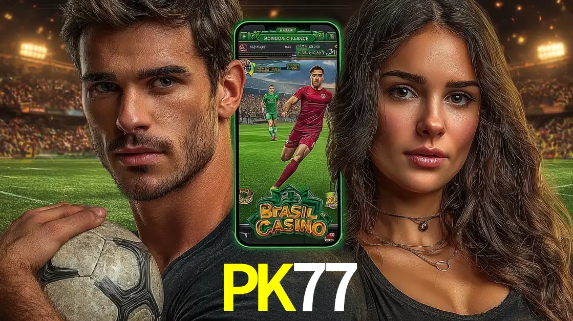 Homem segurando uma bola de futebol e uma mulher ao lado de um smartphone exibindo o jogo de apostas esportivas da PK77. Faça seu palpite no cassino online.